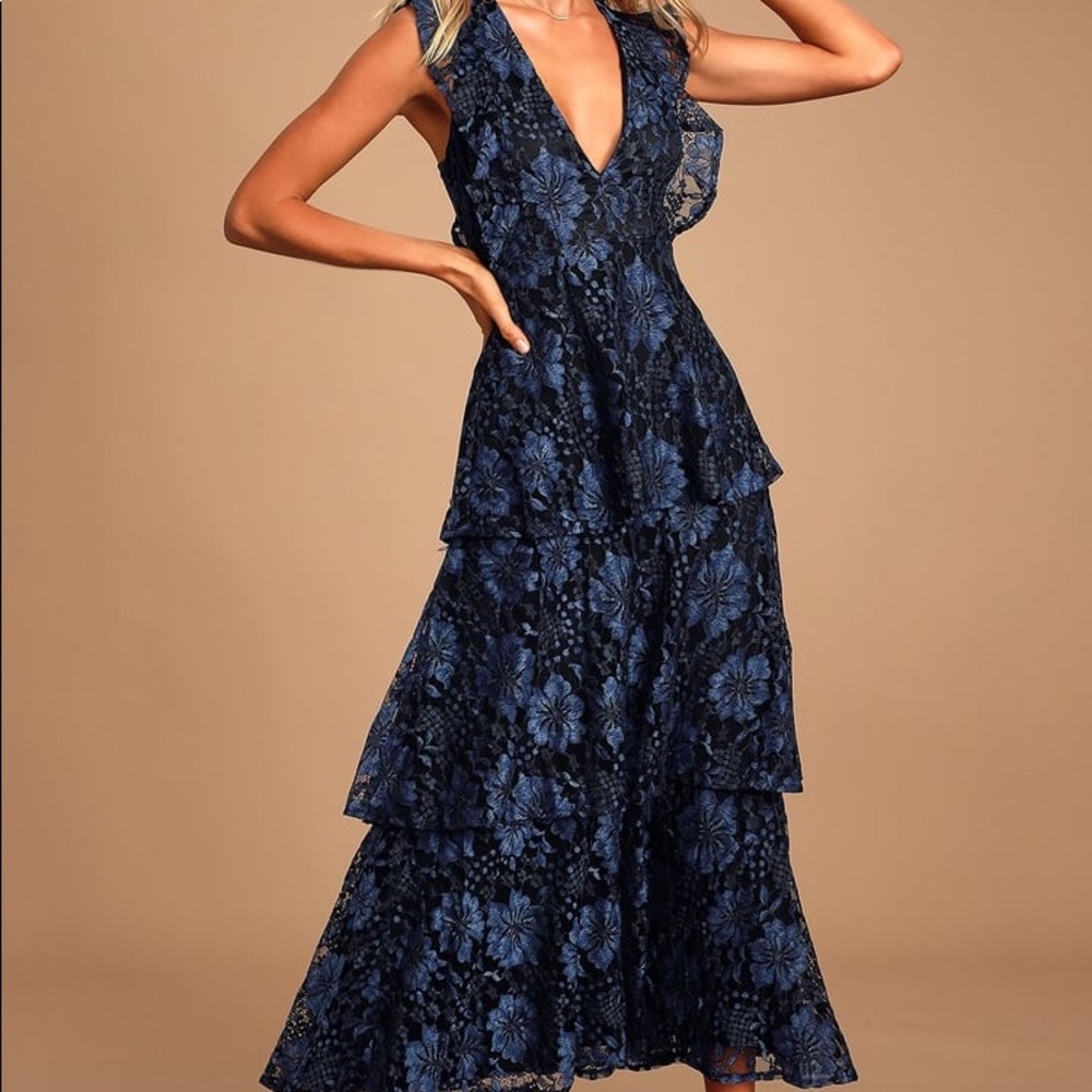 Lulu’s Navy Lace Tiered Maxi Dress